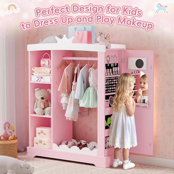 Xilingol Kids Armoire with Jewelry Cabinet, Dress up Storage with Mirror and Shelves, Princess Dress Closet and Costumes Wardrobe Closet, Costume Organizer for Bedroom, Kids Room, Girls (Pink)