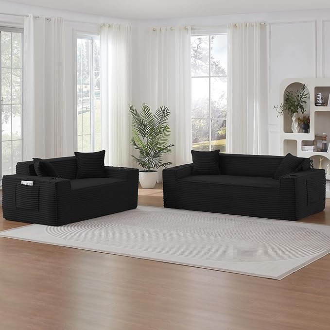 2 Pcs Living Room Cloud Sofa Set, Boneless Sofa Couches with Cup Holder and Side Pocket for Compact Living Rooms, Apartments (Black, Loveseat + 3 Seat Sofa)