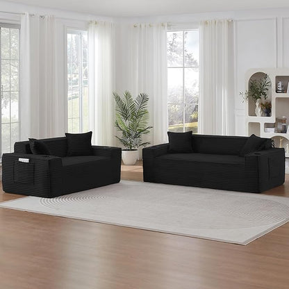 2 Pcs Living Room Cloud Sofa Set, Boneless Sofa Couches with Cup Holder and Side Pocket for Compact Living Rooms, Apartments (Black, Loveseat + 3 Seat Sofa)
