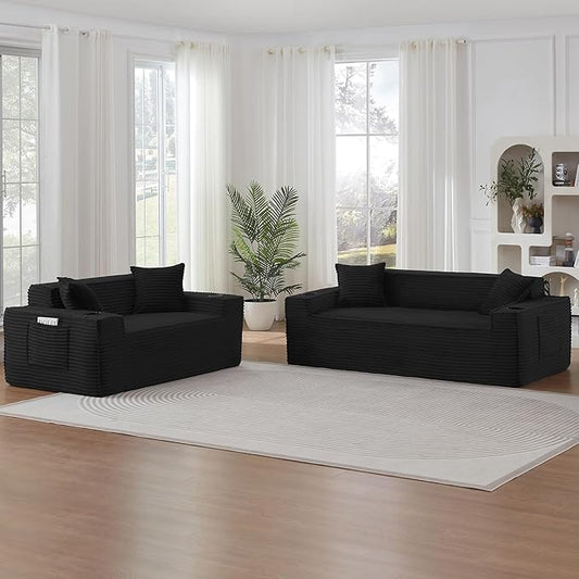 2 Pcs Living Room Cloud Sofa Set, Boneless Sofa Couches with Cup Holder and Side Pocket for Compact Living Rooms, Apartments (Black, Loveseat + 3 Seat Sofa)