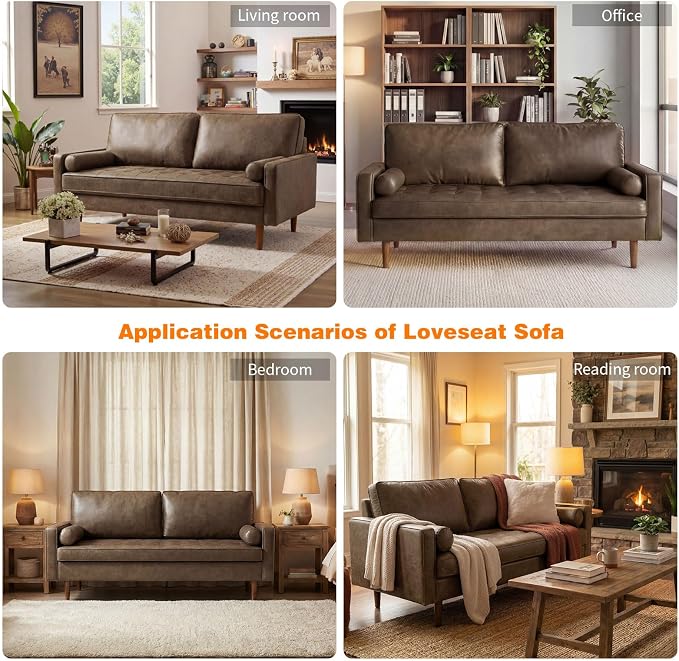 70" Mid-Century Modern Sofa Couch – Faux Leather Loveseat Sofa with Deep Seat & Solid Wood Frame – Includes 2 Accent Pillows –Dark Brown Living Room Bedroom Office