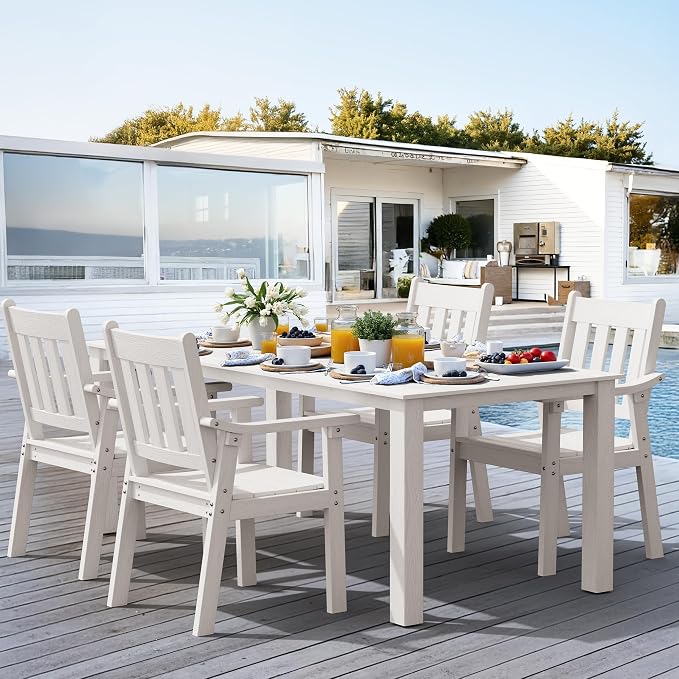 YEFU HIPS Patio Table Set: 10 Piece Outdoor Table and Chairs Dining Furniture Set with Umbrella Hole - White Modern Plastic Dining Sets 8 Person for Outside Deck with Metal Aluminum Frame