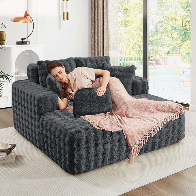 JEEOHEY 56" W Oversized Chaise Lounge Chair Indoor,Plush Faux Fur Sleeper Couch Sofa Bed with Pillows,Fluffy Comfy Cloud Sofa,Compression Foam Boneless Couch for Living Room,Bedroom(Bubble, Grey)
