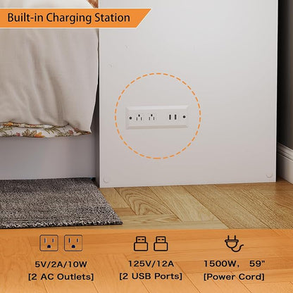 Murphy Bed Full Size: White 2 in 1 Murphy Bed Cabinet with Drawer, Wood Cabinet Bed with Charging Station, Modern Hidden Beds for Small Spaces