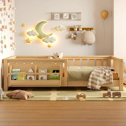Bellemave Twin Floor Bed with Slats and Safety Guardrail, Twin Size Montessori Floor Bed with Fence and Built-in Bookshelf, Easy Assemble Montessori Beds for Kids, Girls, Boys, Light Natural
