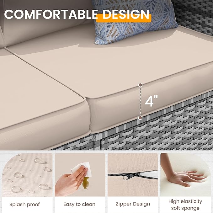 UDPATIO Outdoor Patio Furniture Set, 7 Pcs PE Wicker Sectional Sofa with Tea Table, Outdoor Conversation Set with Waterproof Cover for Patio, Garden, Backyard (Beige Cushions with Grey Rattan)