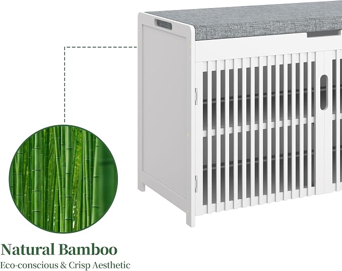 APRTAT Bamboo Shoe Storage Bench with Padded Cushion, 3-Tier Shoe Rack Organizer with 2 Ventilated Grille Doors for Entryway, Bedroom, Bathroom (White, Large)