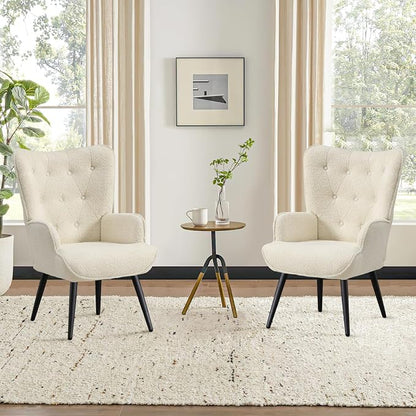 Furniliving Boucle Accent Chair for Living Room, Upholstered Reading Chair with High Backrest, Tufted-Button Wingback Armchair for Bedroom, Dressing Room, Home Office, Ivory White