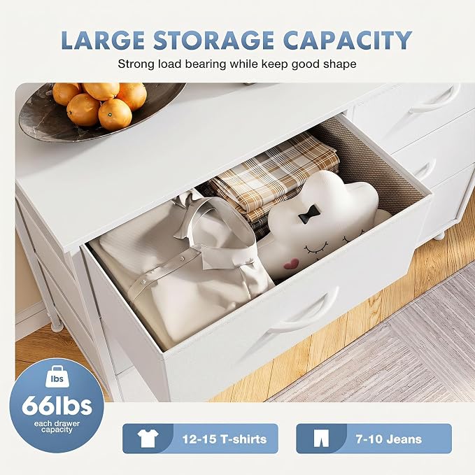 DUMOS White Bedroom Dresser for Closet, Fabric Dresser, Chest of 6 Drawers | Storage Organizer, Small Space TV Stand for Living Room, Anti-tip and Wooden Top, Home Furniture, Hallway
