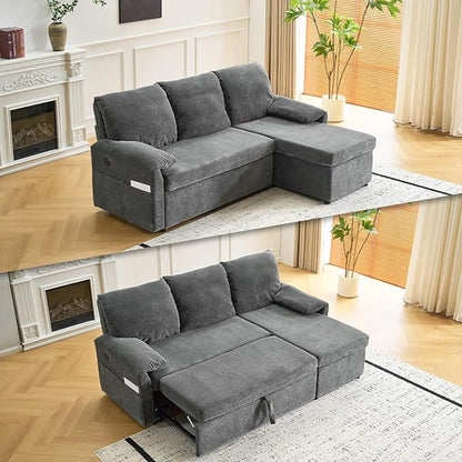 VINGLI Sectional Sleeper Sofa with Pull Out Couch Bed, 85 Inch L-Shaped Convertible Sofa Bed, 5 Seat Modular Sectional Couches for Living Room with Storage Chaise, USB Charging, Side Pockets