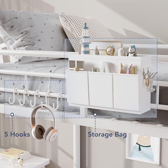 Decofy Metal Bunk Bed Twin Over Twin with Storage Bag, 2 Twin Size Beds with Safety Guard Rails and Anti-tip Nails for Teenager,Girls or Boys （White） | Convertible Ladder