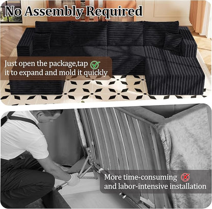 Modular Sectional Sofa, Boneless Compressed Sofa in a Box, U-Shaped Cloud Couch with Deep Seats & Chaise for Living Room, No Assembly Required (Black, 118" U-Shape with Right Facing Chiase)