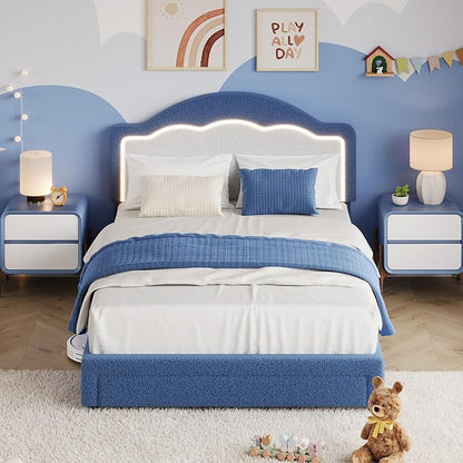 IDEALHOUSE Twin Bed Frame with LED Headboard and Under-Bed Drawer, Boucle Fabric Upholstered Platform Bed with LED Light for Kids, Girls, Wooden Slats Support, No Box Spring Needed, Pink