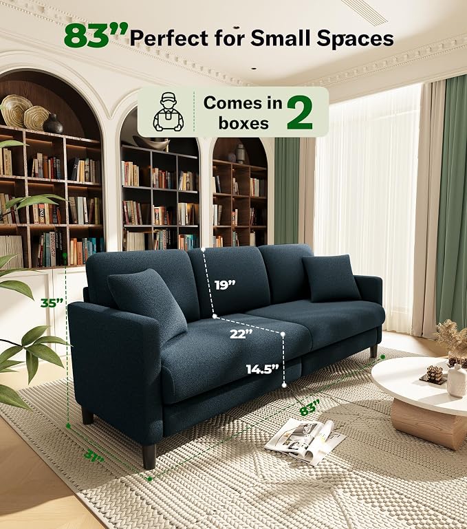 Welzona 83" Couches for Living Room, Teddy Sofa Couch, Comfy Sofas for Living Room, Tool-Free Setup Loveseat Sofa, All-Wood Love Seat Couches, Small Couch 2 Pillows Included, Slate Blue