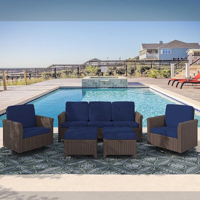 5 Pieces Patio Furniture Set, PE Wicker 75" Couch with 2 High Back Swivel Chairs & 2 Ottomans, All-Weather Rattan Furniture with Waterproof Cushions for Deck, Garden, Porch