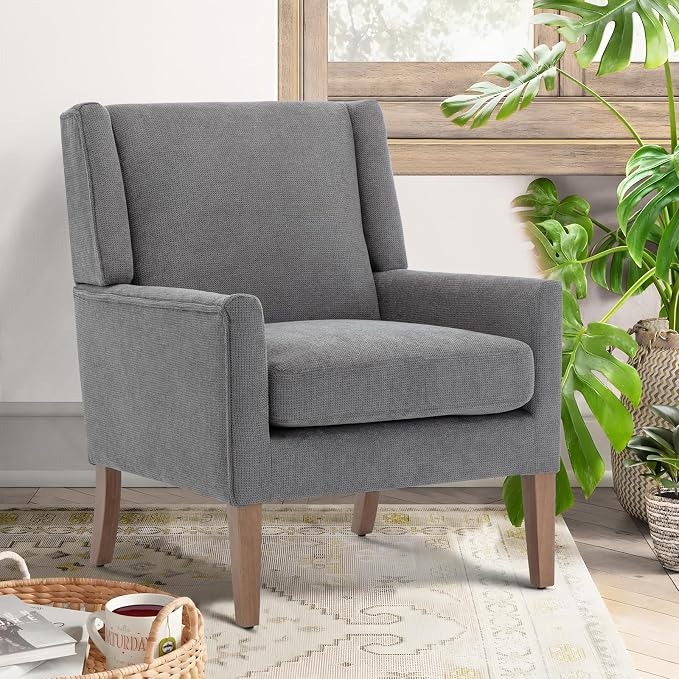 COLAMY Modern Wingback Living Room Chair Set of 2, Upholstered Fabric Accent Armchair, Single Sofa Chair with Lounge Seat and Wood Legs for Bedroom/Office/Reading Spaces, Gery