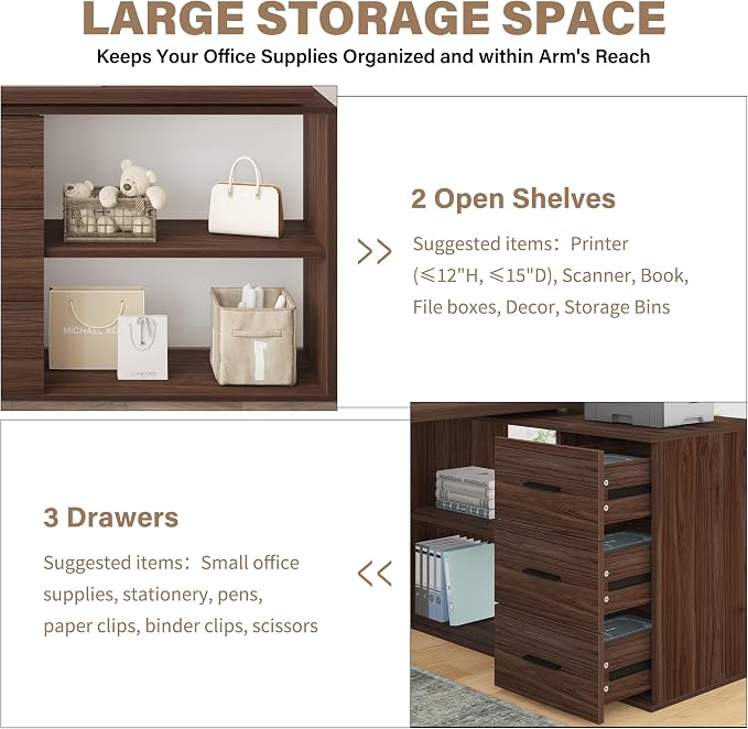 HSH L Shaped Office Desk with Drawers Shelves 55-76 Inch, Corner Computer Desk with Storage 360 Rotating Long for Work, Executive, Study, Writing, Teacher, Bedroom Modern Gaming Table, Walnut