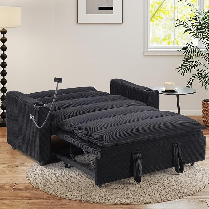 HAOMARKETS 3-in-1 Convertible Loveseat Sleeper Sofa Bed, 2-Seat Pull Out Couch with Cup Holders, Phone Holder and USB Ports, Corduroy 3-Level Adjustable Backrest Couches for Living Room, Black