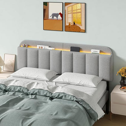 Adjustable Headboard for King/California King Size Bed Frame, Linen Fabric Bed Headboard with Storage & RGB LED Light in Modern Vertical Channel Design, Light Grey