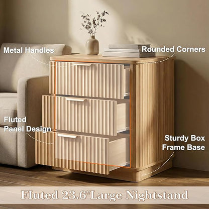 LYNCOHOME 23 inch Wide Fluted Nightstand with 3 Drawers, Modern Curved Bedside Table,Wood Night Stand with Storage,End Table for Bedroom & Living Room,Dresser for Bedroom Living Room,Natural,Oak