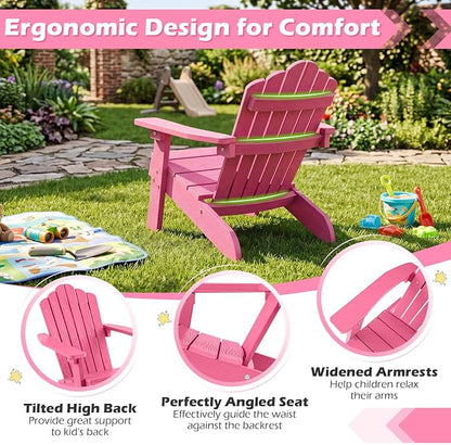 Costzon Kids Adirondack Chair, All-Weather HIPS Toddler Outdoor Chair, Wooden Textured Plastic Fire Pit Chair, Kids Patio Chair for Backyard Lawn Garden, Fits Children Age 3-7 Years (2, Pink)