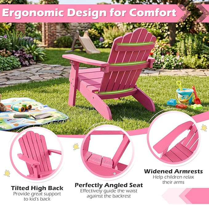 Costzon Kids Adirondack Chair, All-Weather HIPS Toddler Outdoor Chair, Wooden Textured Plastic Fire Pit Chair, Kids Patio Chair for Backyard Lawn Garden, Fits Children Age 3-7 Years (1, Pink)