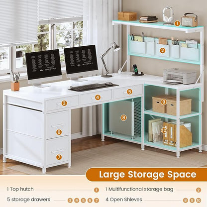 SEDETA Corner Computer Desk, Reversible L Shaped Computer Desk with Fabric Drawers and Power Outlet, 47.2” Gaming Desk with LED Lights, Storage Shelves and Hutch, White