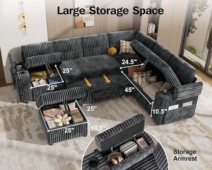 Vipbear 111" Modular Sectional Sleeper Sofa with Pull Out Bed, 7 Seat Corduroy L Shaped Couch with Ottoman|USB Ports|Cup Holders|Side Table|Storage Armrest, Tool Free Assembly, Grey