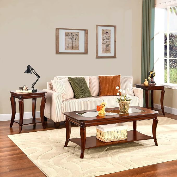 Rectangle Coffee Table for Living Room, Solid Wood Coffee Table with Glass Top, Traditional Distressed Farmhouse Style with Shelf, Solid Hardwood Rustic Center Table for Living Room, Cherry 1168GT
