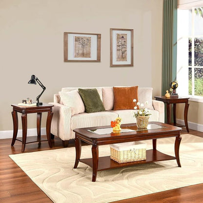 Rectangle Coffee Table for Living Room, Solid Wood Coffee Table with Glass Top, Traditional Distressed Farmhouse Style with Shelf, Solid Hardwood Rustic Center Table for Living Room, Cherry 1168GT