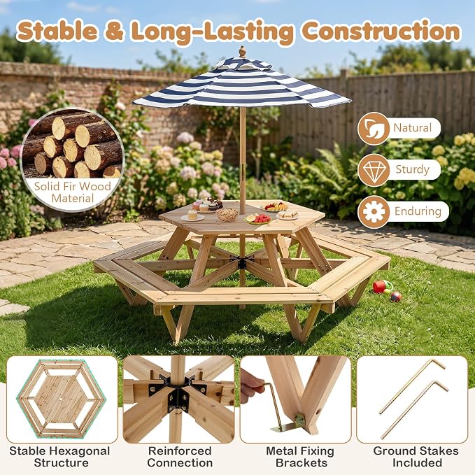 Costzon Kids Picnic Table, Hexagonal Wooden Toddler Outdoor Table and Bench Set with Removable Umbrella, Kids Outdoor Furniture for Patio Lawn Garden Backyard, Seats Up to 6 Children Age 3+ (Natural)