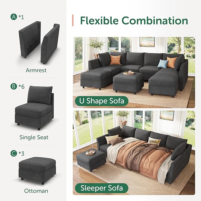 HONBAY Modular Sectional Sofa with Storage, U Shaped Couch Modular Convertible Sectional Couches for Living Room - Snowflake Velvet Grey
