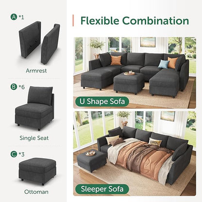HONBAY Modular Sectional Sofa with Storage, U Shaped Couch Modular Convertible Sectional Couches for Living Room - Snowflake Velvet Grey