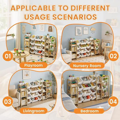 Toy Storage Organizer 4-in-1 Stuffed Animal Storage with 2 Bookshelf and 12 Plastic Bins - Toys Organizer for Kids Room - Wooden Toy Rack for Playroom, Bedroom, Nursery Decor