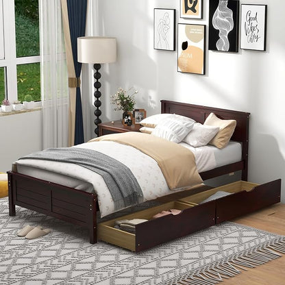 GOFLAME Twin Size Bed Frame with 2 Drawers, Platform Bed with Solid Wood Headboard & Footboard, Wood Slats Support Mattress Foundation, Under Bed Storage, No Box Spring Needed, Easy Assembly, Espresso