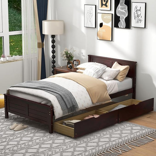 GOFLAME Twin Size Bed Frame with 2 Drawers, Platform Bed with Solid Wood Headboard & Footboard, Wood Slats Support Mattress Foundation, Under Bed Storage, No Box Spring Needed, Easy Assembly, Espresso