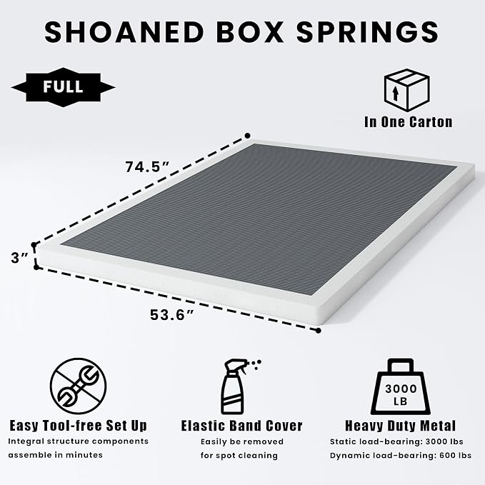 SHOANED Full Size Box Springs - 3 Inch Low Profile Mattress Foundation No Noise Heavy Duty Metal Basics Bed Base with Clean Fabric Cover, Easy Assembly