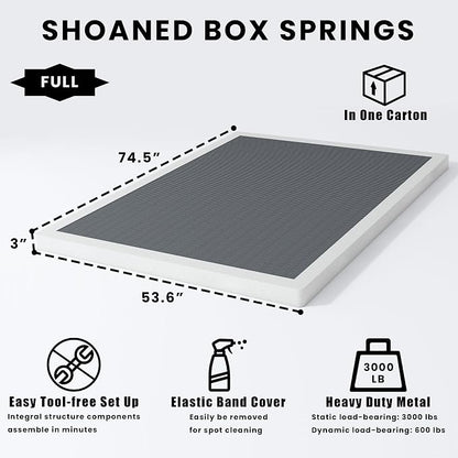 SHOANED Full Size Box Springs - 3 Inch Low Profile Mattress Foundation No Noise Heavy Duty Metal Basics Bed Base with Clean Fabric Cover, Easy Assembly