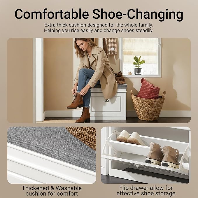 Haotian Shoe Storage Bench, Small Shoe Cabinet for Entryway, Narrow Shoe Rack with 1 Flip-Drawer and Seat Cushion, White, FSR82-K-W