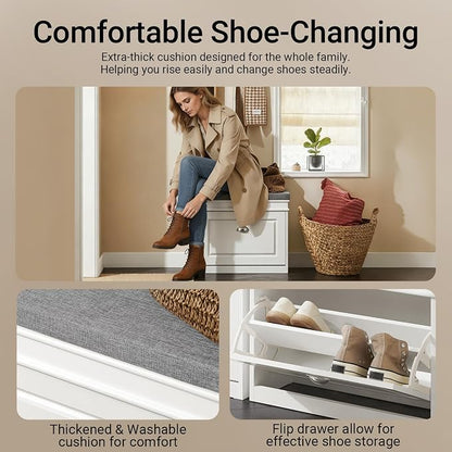 Haotian Shoe Storage Bench, Small Shoe Cabinet for Entryway, Narrow Shoe Rack with 1 Flip-Drawer and Seat Cushion, White, FSR82-K-W