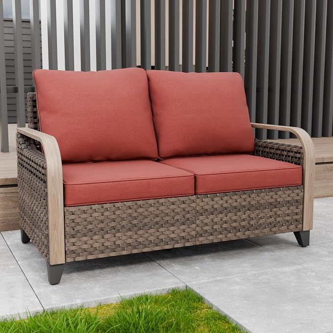 Modern Wicker Patio Sofa, Rattan Outdoor Loveseat for Small Balcony, 2 Seat Loveseat Furniture Set for Garden Deck Backyard, Brown/Red