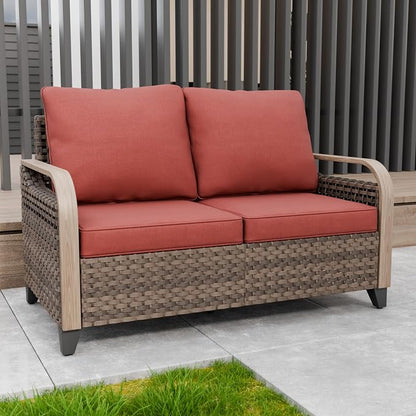 Modern Wicker Patio Sofa, Rattan Outdoor Loveseat for Small Balcony, 2 Seat Loveseat Furniture Set for Garden Deck Backyard, Brown/Red