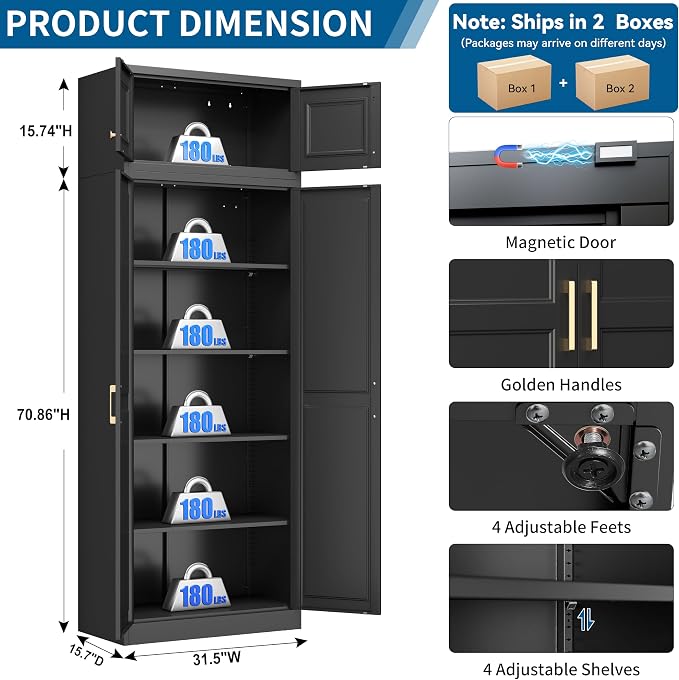 86" Tall Black Metal Storage Cabinet with Doors and 4 Adjustable Shelves, Heavy Duty Steel Pantry Cabinet for Garage, Kitchen, Extra Large Industrial Cupboard (2 Packages)