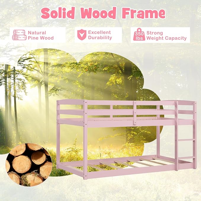 MAT EXPERT Bunk Bed Twin Over Twin, Low Wood Bunk Bed Frame w/Safety Guardrails, Ladder & Slats, Floor Platform Twin Bunk Beds for Kids Toddlers, for Dorm Bedroom, No Box Spring Needed (Pink)