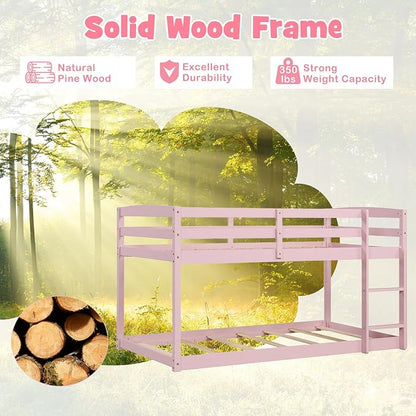 MAT EXPERT Bunk Bed Twin Over Twin, Low Wood Bunk Bed Frame w/Safety Guardrails, Ladder & Slats, Floor Platform Twin Bunk Beds for Kids Toddlers, for Dorm Bedroom, No Box Spring Needed (Pink)
