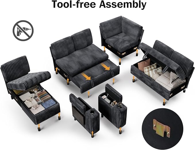 Vipbear 111" Modular Sectional Sleeper Sofa with Pull Out Bed, 7 Seat Plush Corduroy L Shaped Couch with Storage Chaise|USB Ports|Cup Holders|Side Table|Storage Armrests, Tool Free Assembly, Grey
