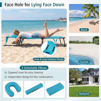 GYMAX Beach Lounge Chair, Sunbathing Chair Patio Lounge Chair Folding Adjustable Recliner with Hole for Face