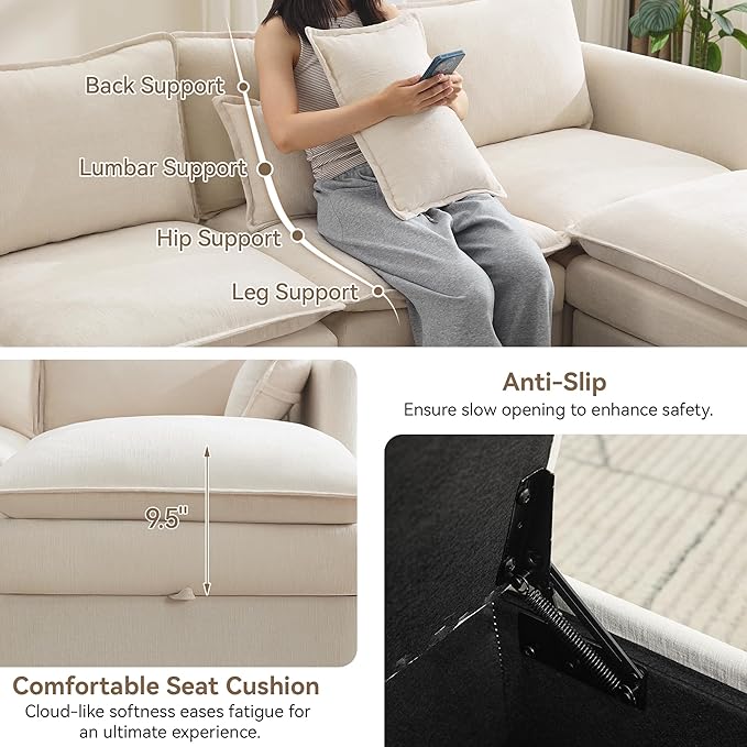 105" Cloud 4 Seater Sectional Modular Couch with 2 Storage Ottoman, Upholstered Storage Sofa Modern Couch Deep Seat, Chenille U Shape Sofa Comfy Couches with Armrests for Living Room, Beige