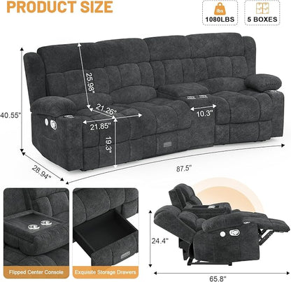 Dresegmt Recliner Sofa with Storage Console, Flip Middle Backrest Design 3 Seat Reclining Sofa with Storage Drawer, USB Ports & Cup Holders, Manual Couch for Living Room (Gray, 3 Seater + Console)