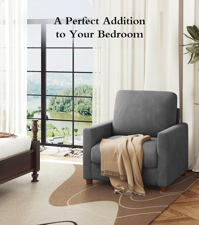 Kidirect 35.5in Oversized Accent Chair, Easy to Assemble Living Room Chairs, Corduroy Reading Chair for Bedroom, 22.5in Deeper Seats Accent Chairs for Living Room, Comfy Armchair Reading Nook, Grey